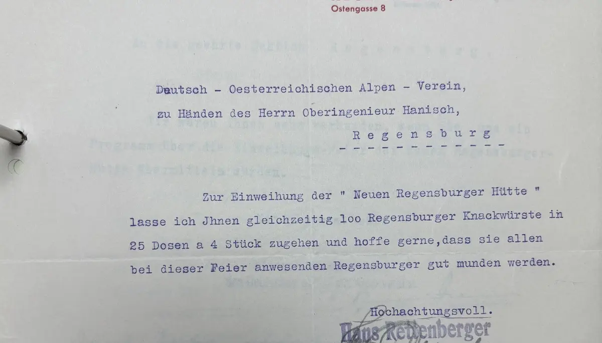 Brief - Knackwürste für die Einweihung | © Archiv DAV Regensburg