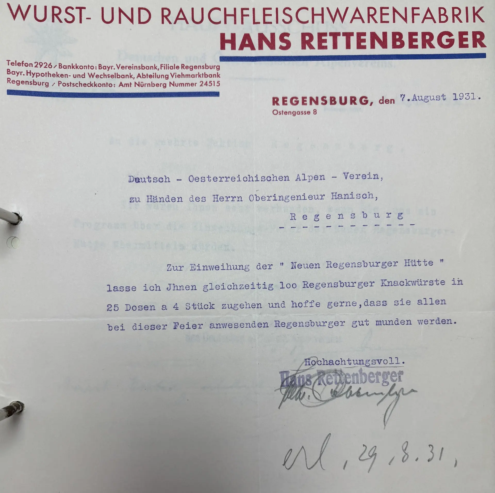 Brief - Knackwürste für die Einweihung | © Archiv DAV Regensburg